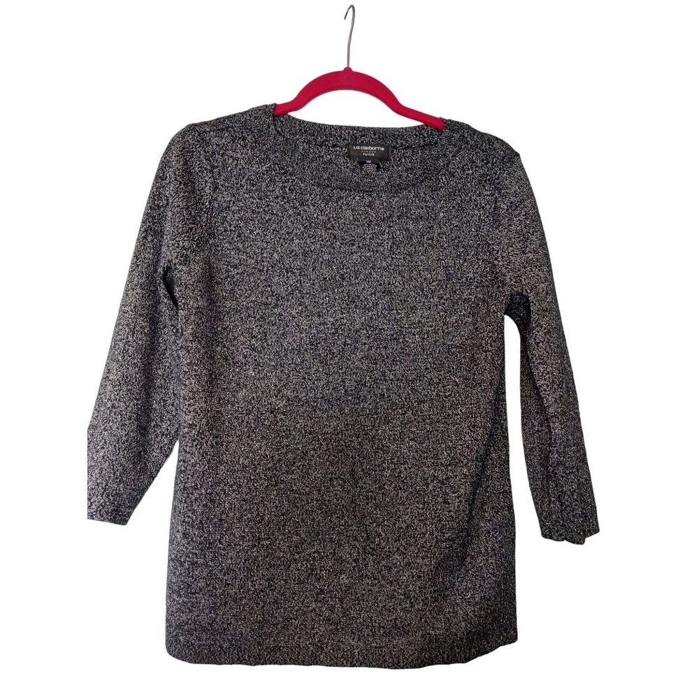 Liz Claiborne Career Petite Black & Silver Metallic 3/4 Sleeve Sweater Top